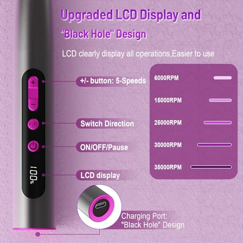 Cordless Electric Nail Drill Kit - Professional Manicure & Pedicure, 35000RPM, Matte Gray