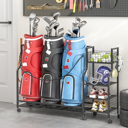 Golf Bag Storage Rack with Wheels for Garage - Holds 3 Bags, Organizer Stand - Black - Variation of 3 Bags
