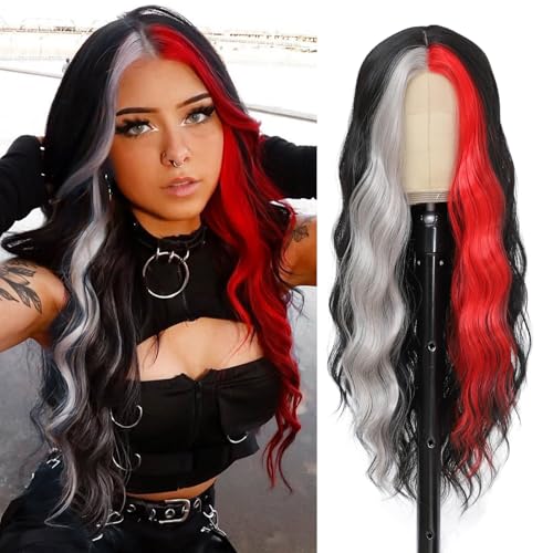 Black Wavy Wigs for Women 26 Inch Long with Red Grey Highlights - Middle Part Style