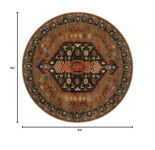 8ft Round Area Rug for Living Room and Bedroom - Soft Boho Carpet with Anti-Slip Back - Red and Gold Variation