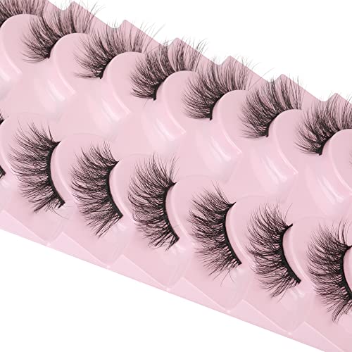 Lashes False Wispy Eyelashes Natural Volume Cat Eye Lash Strips Thick Fake Mink Eyelash Pack Natural Looking Fluffy Full Strip Lashes Set Clear Band Easy Eyelashes for Beginners