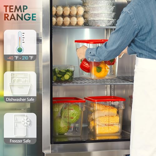 CURTA 6.0 Qt 4-Pack Food Storage Containers with Red Lids, NSF Commercial Grade, Square & Clear