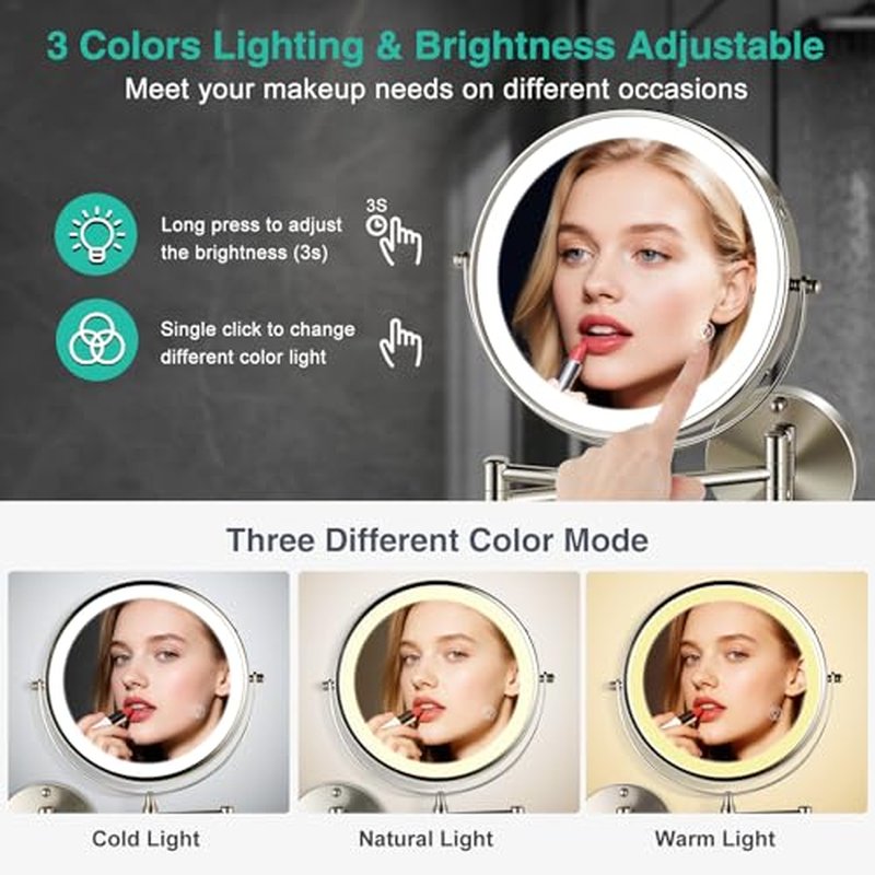 30X/1X Lighted Makeup Mirror with Magnification, 8.5inch 3000mAh Rechargeable Magnifying Mirror with Light, 3 Color Lights,Touch Dimmable,Extended Arm 360 Rotation Wall Mounted Makeup Mirror