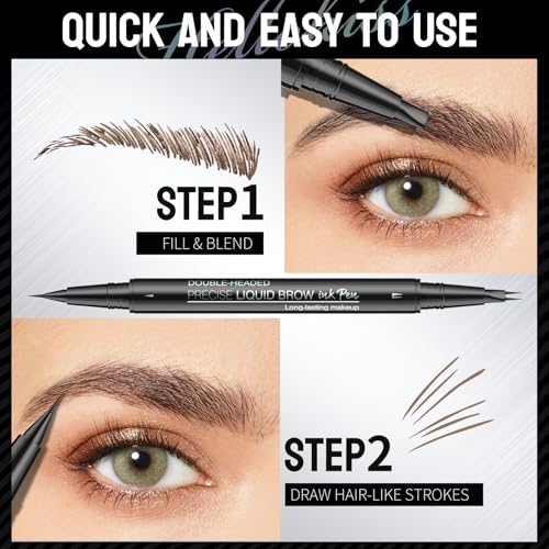 Microblading Eyebrow Pen, 2 in 1 Dual Ended Eyebrow Pencil, Curved Eyebrow Pencil with Micro-Fork-Tip & Precise Brush-Tip, Waterproof and Last All Day for Natural Hair-Like Brows (02#BROWN)