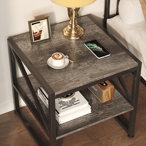 Mexin Square End Table with Charging Station 20in Printer Stand Grey Oak With USB