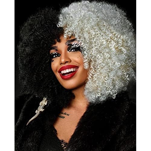 Curly Wig with Bangs for Black Women Short Kinky Curly Wig 14inch Afro Hair Halloween Party Christmas Cosplay Wigs (F1B/60)