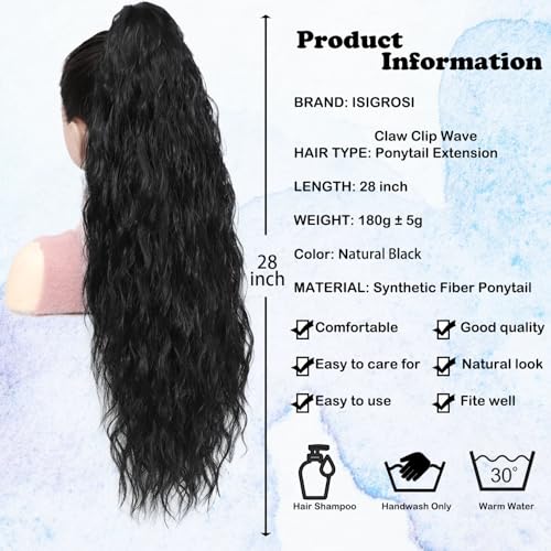 Long Curly Ponytail Extension Clip-In Hairpiece 28 Inch Black Natural Wave for Women
