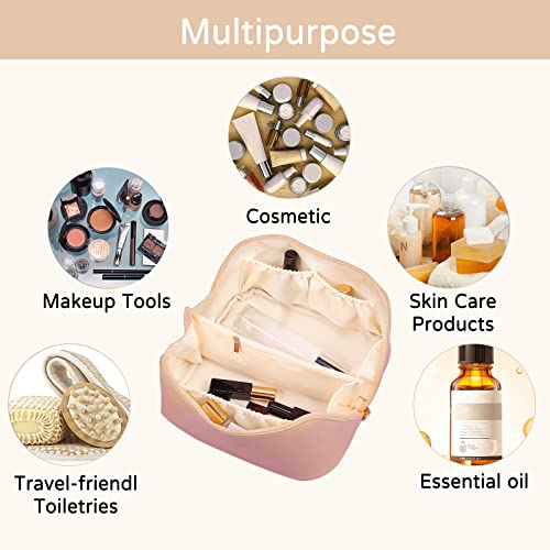 Large Capacity Travel Cosmetic Bag Make Up Bag with Handle and Zipper Multifunction Waterproof Toiletry Bag PU Travel Organiser Bag Wash Bag for Women Ladies Girls Pink A