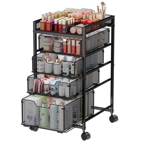 5-Tier Rolling Makeup Cart Organizer with 4 Drawers, Cosmetics Display with Dividers, Floor Skincare Storage with Wheels, Versatile Vanity Organizer for Nail Polish Perfume Brush Hair Tool, Black