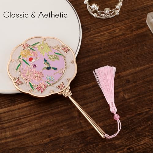 Hummingbird Gold Hand Mirror with Embossed Patterns - Elegant Metal Makeup Mirror, Compact & Portable
