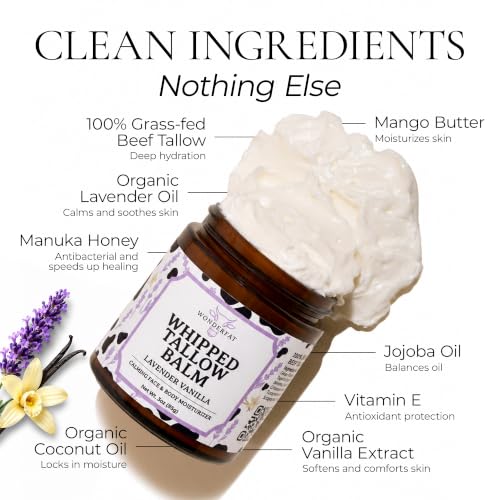 Lavender Vanilla Whipped Tallow Balm – Grass Fed Beef Face & Body Moisturizer, 3oz