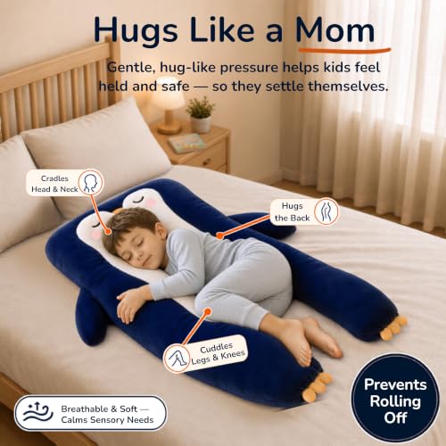 Penguin Kids Body Pillow - Blue U-Shape Plush Animal Pillow for Sleep & Comfort