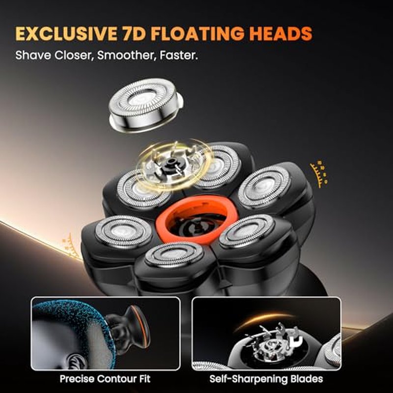 7D Head Shaver for Bald Men, Electric Razor with Upgraded Flexible Blades, Long Battery Life, IPX6 Waterproof, LED Display, Ergonomic Design, Rechargeable, 2 Speed Settings, Easy to Clean