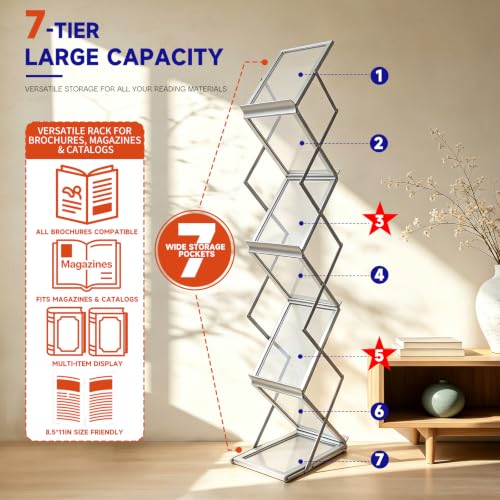 7-Pocket Brochure Display Stand - Adjustable Literature Rack with Carrying Bag - Silver