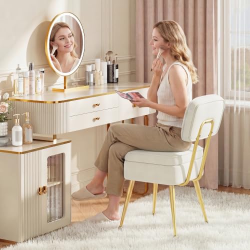 Beige Velvet Vanity Chair with Storage & Gold Legs - No Wheels, Modern Bedroom Makeup Stool