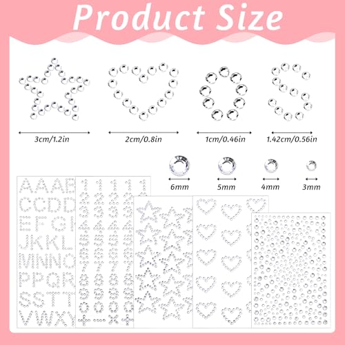 5Pcs Rhinestone Stickers Heart Numbers Letters Sticker Self-Adhesive Glitter Alphabet Jewels Decal Crystal Gemstone Border Art Sticker for Face Makeup Body Nail Craft Clothes Festival Decors