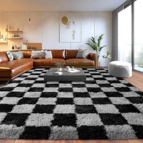 Black & Grey Checkered Shaggy Fuzzy Rug 8x10ft High Pile Living Room Carpet