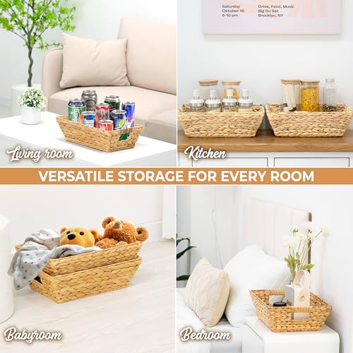 Natural Water Hyacinth Trapezoid Wicker Storage Baskets - 14 Inch, Medium, 6 Pack