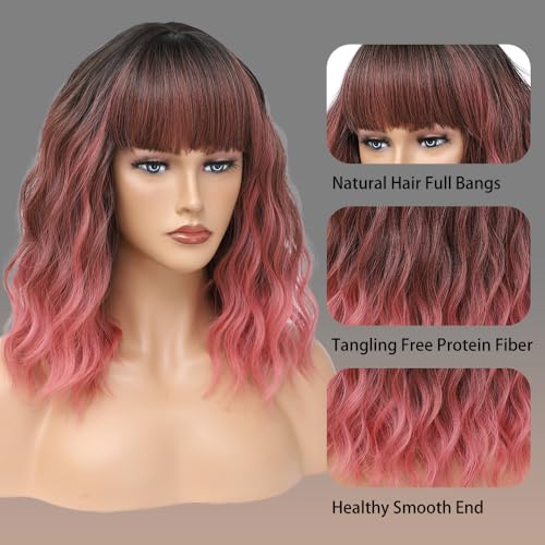 Ombre Pink Wig with Bangs - 14 Inch Short Wavy Curly Bob Hair for Women (Variation: Ombre Pink)