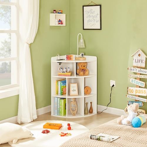 VECELO White Corner Cube Shelf with USB Ports & Adjustable Shelves