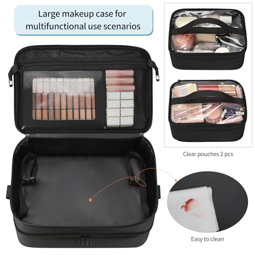 Extra Large Makeup Case, Professional Makeup Artist Traveling Bag, Double Layer Lightweight XL Makeup Travel Case Organizer for Artist Hairstylist Crafters with 2 Detachable Pouch & Shoulder Strap