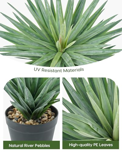 Green Artificial Agave Plant in Black Pot - 27-Inch Tall, Real Stone Pebbles