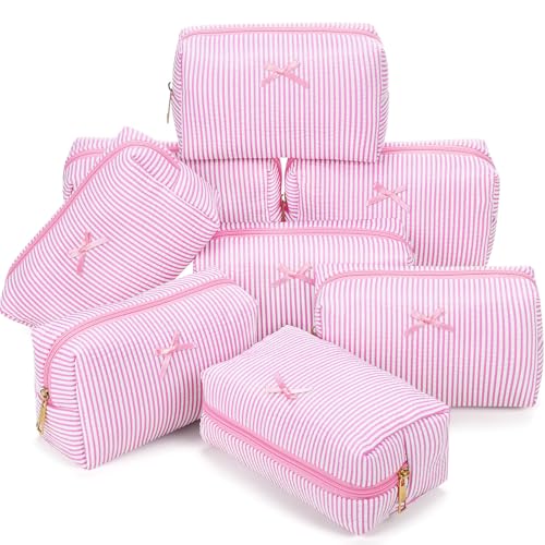 8 Pcs Seersucker Makeup Bag Set with Striped Pattern - Light Pink