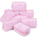8 Pcs Seersucker Makeup Bag Set with Striped Pattern - Light Pink