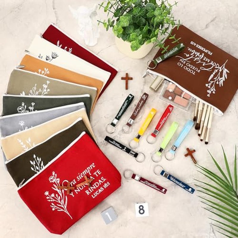 Fumete 20 Pcs Spanish Christian Gifts Bulk for Women Regalos Cristianos En Espa?ol Llavero Cristiano Para Mujer En Espa?ol Spanish Bible Verse Makeup Bags Keychain(Christmas Color)