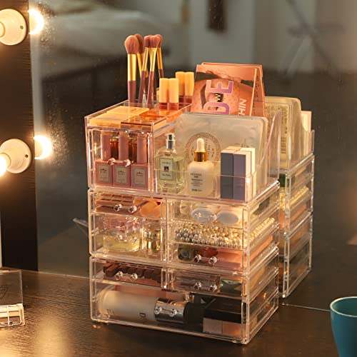 Acrylic Makeup Organizer with 9 Drawers & Top Storage - Clear Stackable Vanity