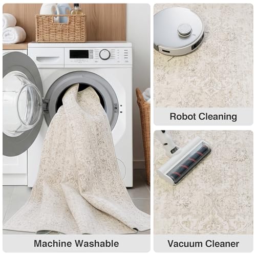 FMFUNCTEX 8' x 10' Beige Vintage Washable Area Rug for Living Room