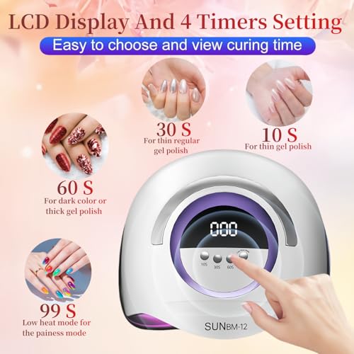 300W UV LED Nail Lamp with 72 Beads, Fast Curing Gel Polish, Automatic Sensor, 4 Timer Settings, Portable Nail Dryer