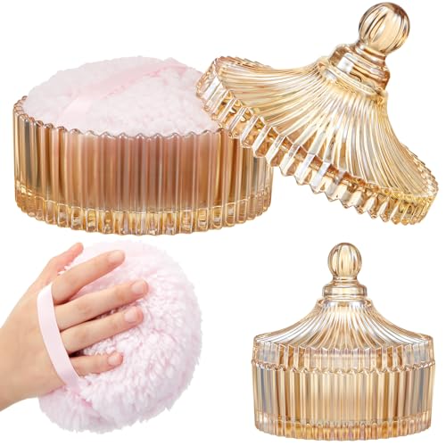Tioncy Amber Glass Jar with Large Powder Puff Set – 6 Inch Makeup & Body Powder Container, Elegant Cosmetic Organizer, 2 Pieces