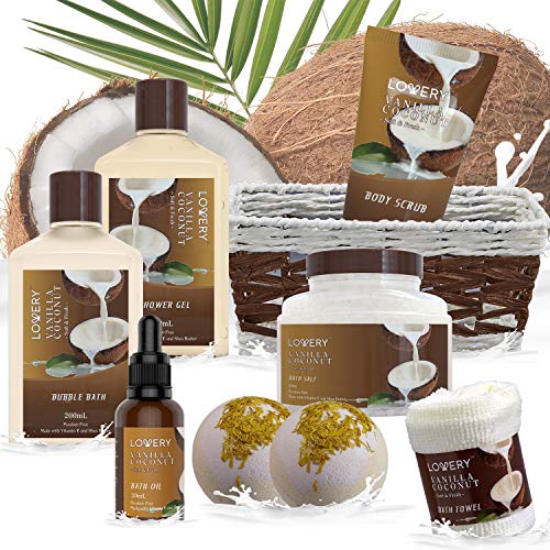 LOVERY Vanilla Coconut Spa Gift Basket for Women - 9 Piece Bath & Body Set, Luxurious Home Relaxation Gifts