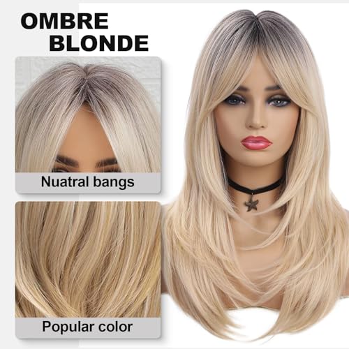 HAIRCUBE Ombre Blonde Shoulder Length Wigs with Bangs for Women - Ash Blonde Layered Synthetic Wig