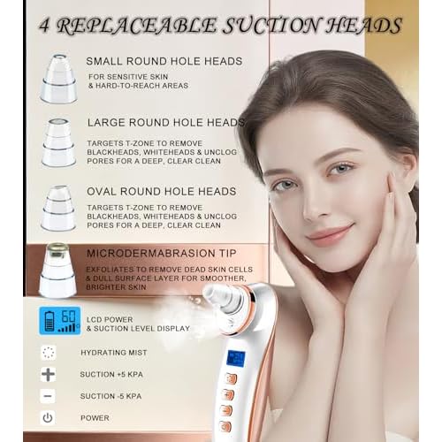 Blackhead Remover Pore Vacuum, Pore Cleaner for Face with 5 Attachments & 3 Suction Levels, USB Rechargeable Facial Blackhead Extractor Tool (Gold)