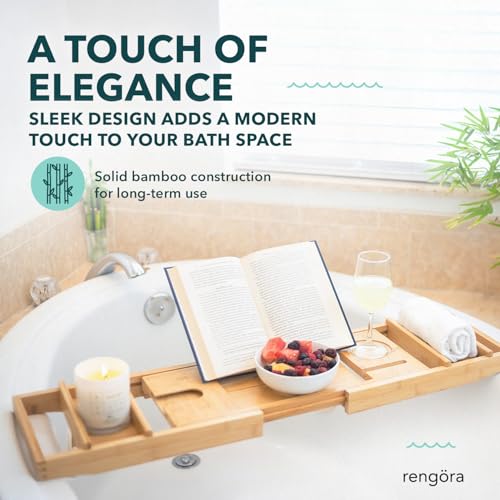 Expandable Wooden Bath Tray for Tub – 43-Inch Bathroom Caddy with Storage Shelf