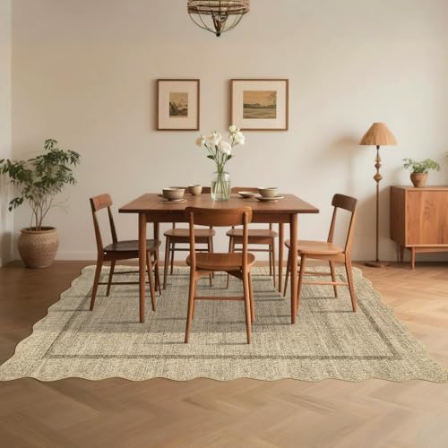 6x9 Jute Scalloped Washable Area Rug - Non-Slip Neutral Rug for Living Room