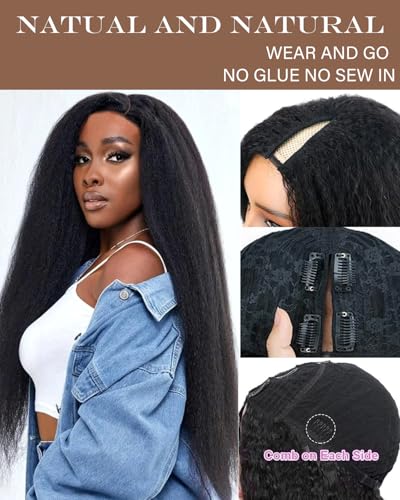 24 Inch Black Kinky Straight U Part Wig Natural Hair-Like Human Hair Style Variation