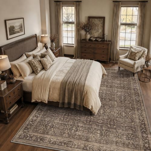 JOOJA 8x10 Dark Brown Vintage Low Pile Area Rug - Non-Slip Washable Boho Carpet