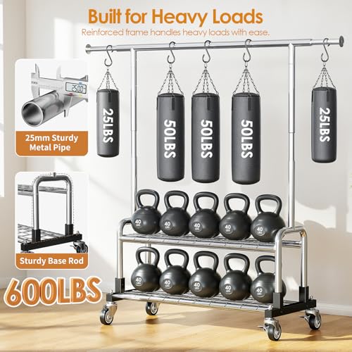 Heavy Duty Clothes Rack with 2 Shelves - Silver, Load 600LBS, Adjustable Height