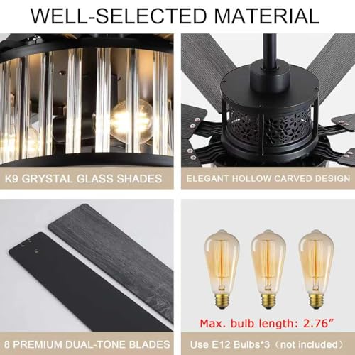 Farmhouse Crystal Ceiling Fan with Lights and Remote - Black 52 Inch with Dual Blades