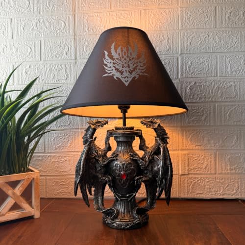 Dragon Table Lamp Gothic Guardians with Black Fabric Shade - 19 Inch Decor