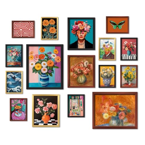 12x15 Framed Eclectic Wall Art Set - Maroon, 16 Pieces Mid-Century Modern Gallery Wall Decor