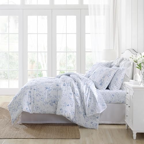 Laura Ashley Belinda Chambray Blue Queen Comforter Set with Shams - Reversible Cotton Bedding