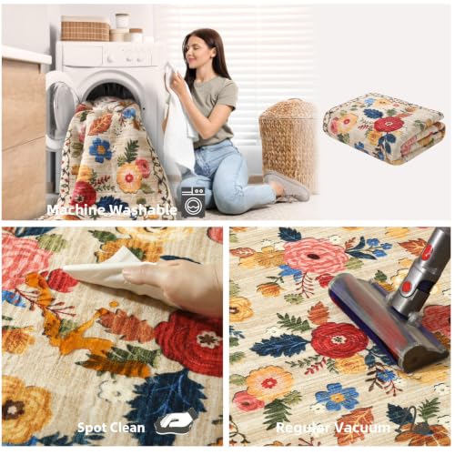 Beige Floral 8x10 Area Rug - Washable Non-Slip Bedroom Living Room Carpet