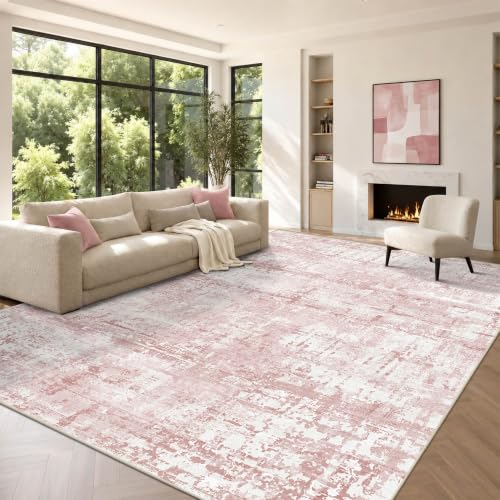 Pink 8x10 Modern Abstract Washable Area Rug - 0.31" Low-Pile, Non-Slip Backing, for Living Room