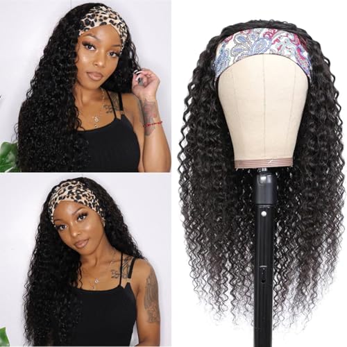 Deep Wave Headband Wig - 20 Inch Curly Human Hair Natural Black No Glue