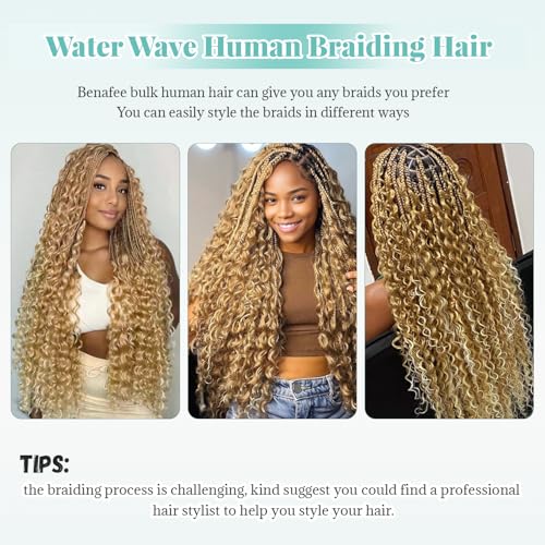 Water Wave Human Hair Extensions 18 Inch Ombre Strawberry Blonde with Highlights - No Weft, 2 Bundles