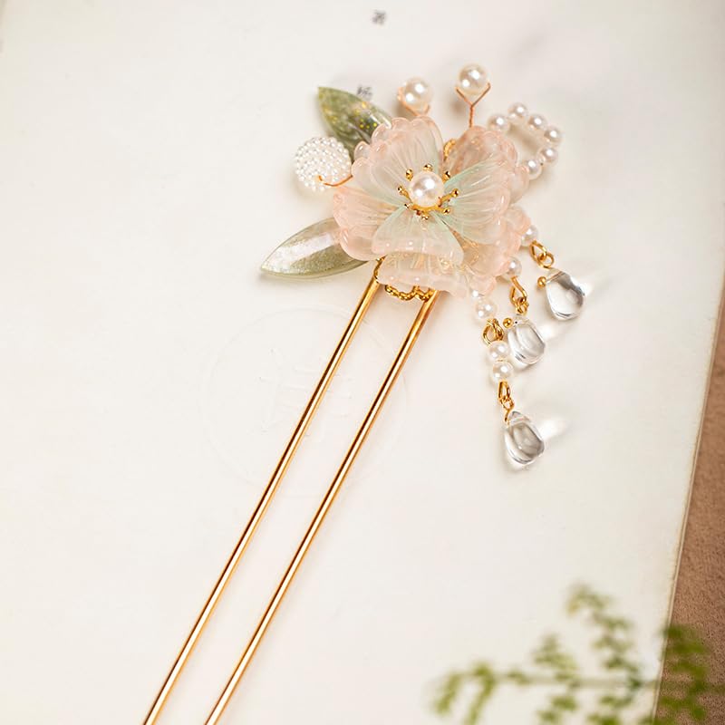 Rainbow Pink Chrysanthemum Pearl Tassel Hair Clip - Hanfu Accessories for Women & Girls - Rainbow Flower Variation